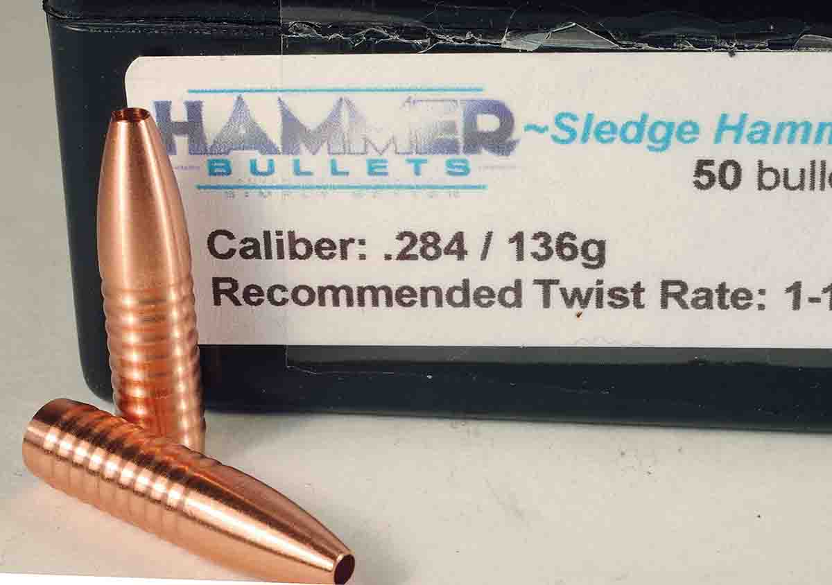 Sledge Hammer 136-grain 7mm bullets have a flat base and short ogive to make them short enough to stabilize in rifles with a standard rifling twist.